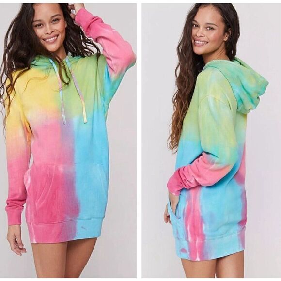 VICTORIAS SECRET PINK SPIRITUAL GANGSTER PULLOVER HOODIE DRESS TOP TIE DYE S - Picture 1 of 3